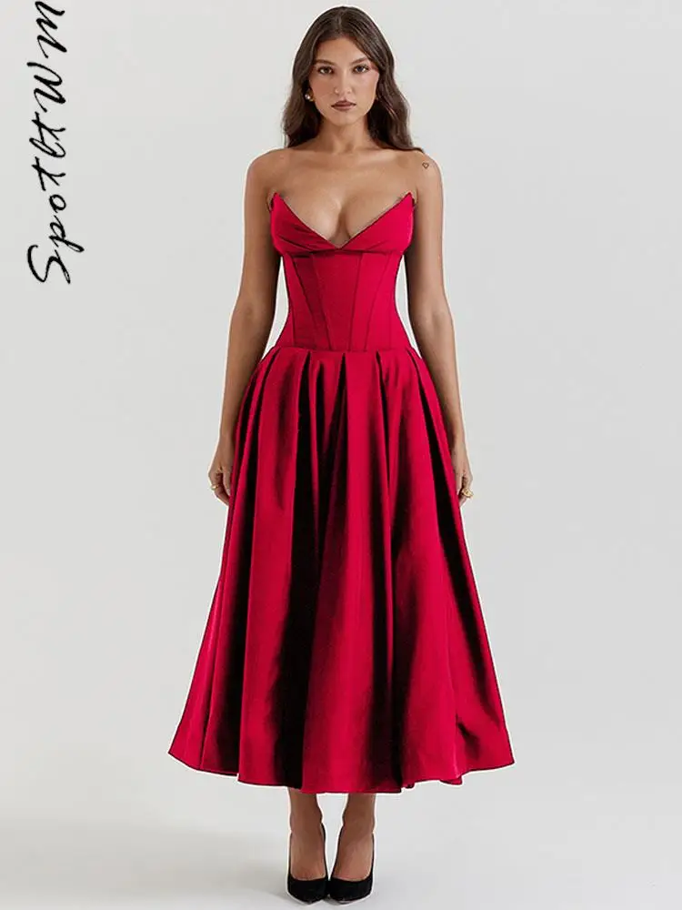 

Elegant Solid Off Shoulder Midi Dress Women Fashion V-neck Sleeveless Backless Slim Pleated Dresses Chic Lady Night Party Robes
