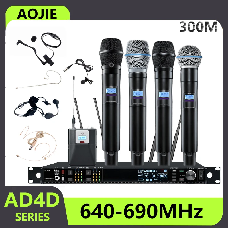 AOJIE AD4D 전문 무선 마이크 세트, 장거리 UHF, 최고 무대 성능 마이크 시스템, 2 채널