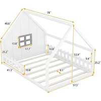 Full Size House Bed for Kids,LED Light Toddler Floor Bed with Fence and Window, Toddler Bed Frame for Girls Boys Kids 2