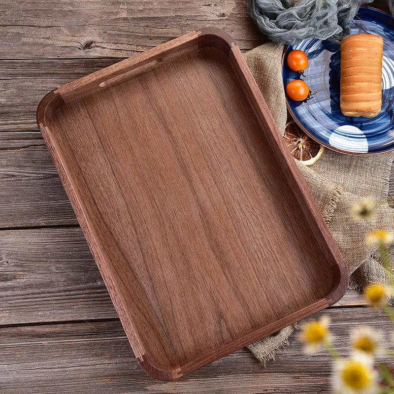HeMu High Quality Black Walnut Mortise And Tenon Rounded Corner Tray Square Handheld Solid Wood Tray Hotel Home Fruit