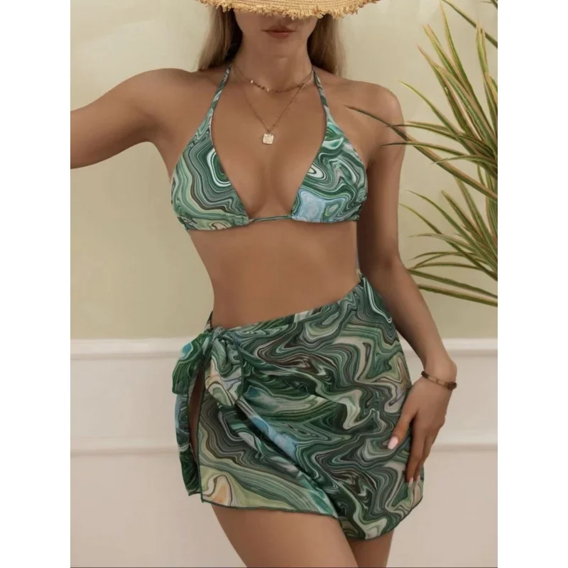 

2024New Tie-Dyed Gauze Skirt Printed Three-Piece Sexy Swimsuit Bikinibikini