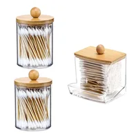 3pcs Swabs Holder Bathroom Container, Storage Box Cotton Ball/Swabs Dispenser, Apothecary Jar Organizer for Storage Wood Lids 2
