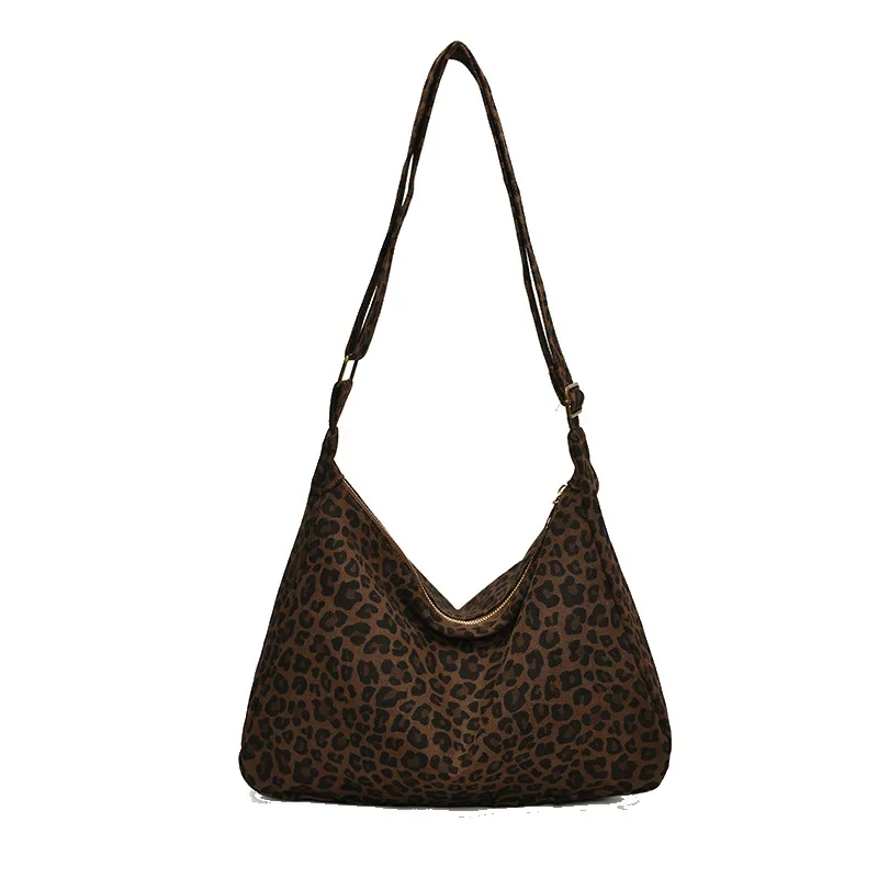 Trendy Casual Soft Textile Women's Shoulder Bag Large Capacity Leopard Print Female Retro Crossbody Bag For Commute Outings