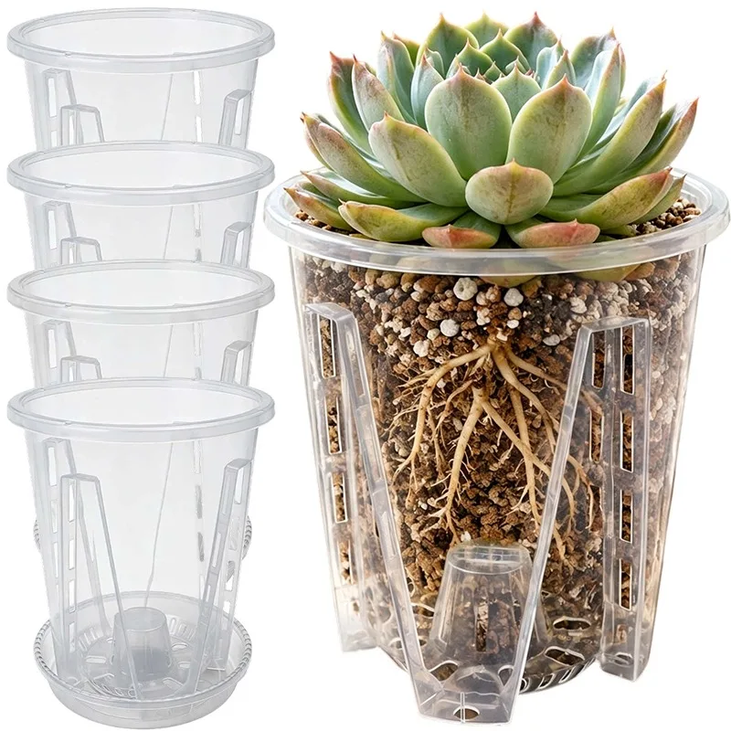 Transparent Flower Pot with Tray Root Control Planter Clear Plastic Orchid Container Breathable Drainage Holes for Desk Balcony