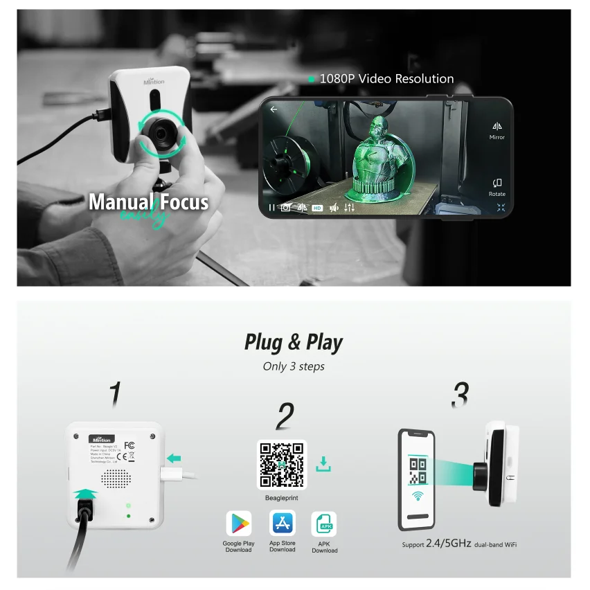 Mintion Beagle Camera V2, verbesserte 3D Drucker Kamera, WiFi Fernüberwachung und Steuerung, Plug & Play, manueller Fokus und digitaler Zoom, Zeitraffervideo, für Ender 3 Pro V2, usw. 3D-Drucker