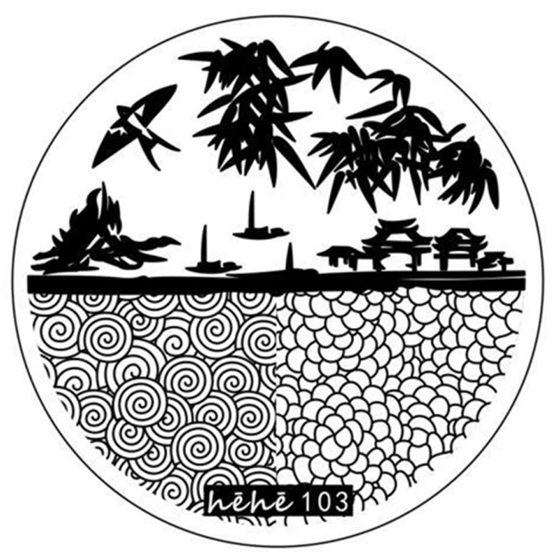 Chinese Style Architecture Stamping Plates Cloud Nail Stamp Stencil Templates Written Word Image Bamboo Nail Art Plates Mountain 4