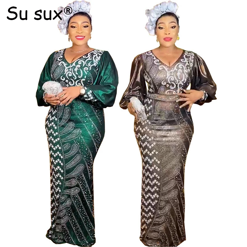 

African Evening Party Dresses For Women 2023 Elegant Sequins V Neck Fishtail Maxi Dress Africa Clothing Robe Femme Africaine