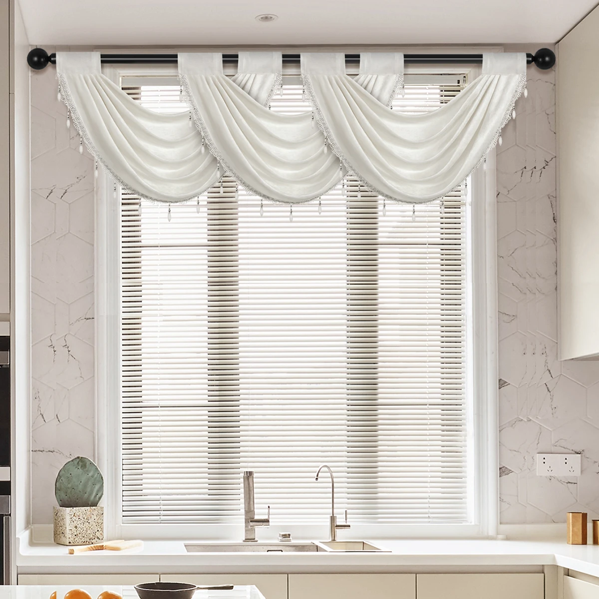 WUMUZAI 1 tenda mantovana trasparente bianca, 130 x 60 cm, mantovana con perline per finestre, soggiorno, cucina, camera da letto, bagno, con tasca per asta, in voile con nappe