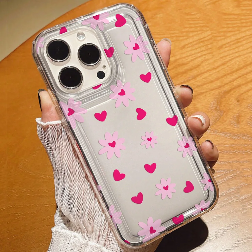 Pink Flowers Heart Print Clear Phone Case - Soft Cover