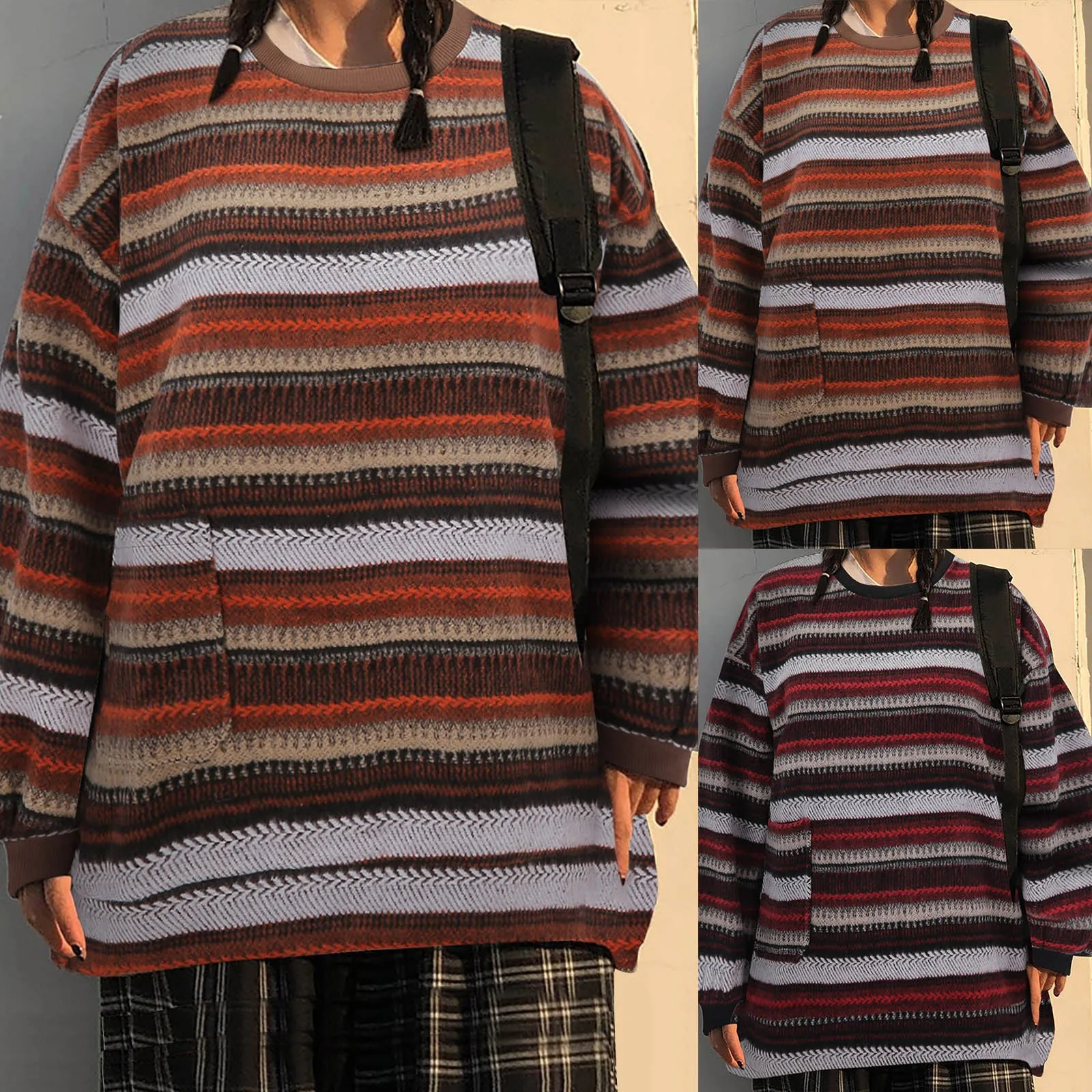 

Women Long Sleeve Plus Pocket Color Block Sweater Casual Crewneck Plus Size Pullover Knit Jumper Tops Random Sweatshirts