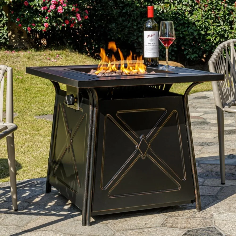 28" Propane Fire Pit Table,Gas Fire Pits Table for Outside,50000 BTU Propane Pit with Lid &Lava Rocks,Gas Firepit for Garde