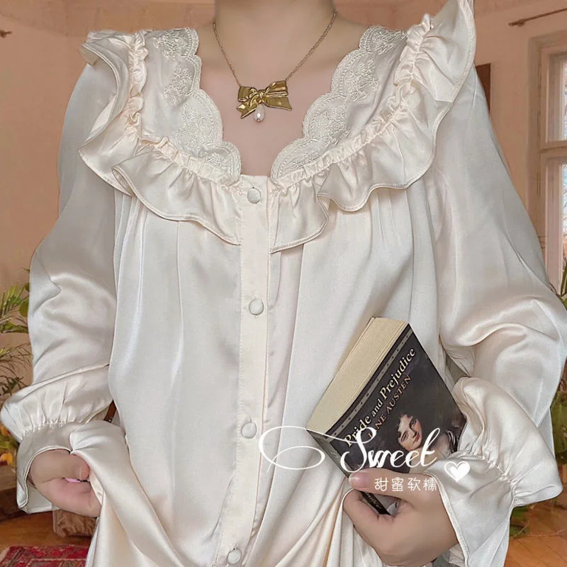 Nightgown Women Lace Satin Sleepshirt Home Dressing Gown Night Dress Elegant Retro Vintage Autumn Nightwear Nightdress Plus Size