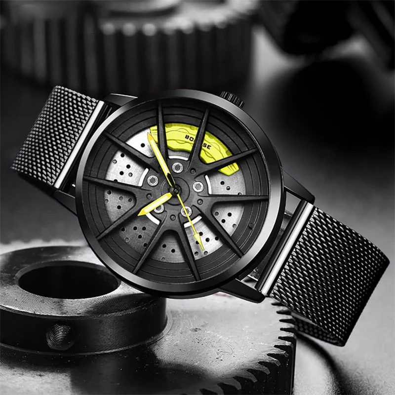 BORUSE Fashion Mens Car Wheel Watches Mesh Belt Waterproof Watch Luminous Clock Men Quartz Wristwatch relogio masculino