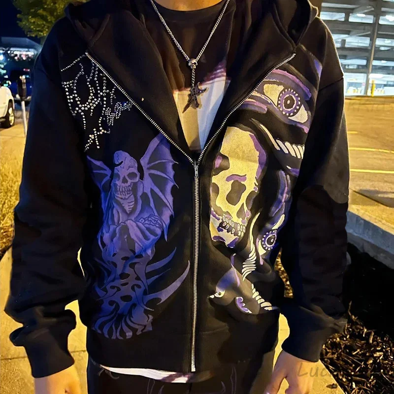 

Men's Rhinestone Skull Purple Print Streetwear Oversized Hoodie Men's Jacket Goth Harajuku Y2k Clothes Grunge Zip Hoodie