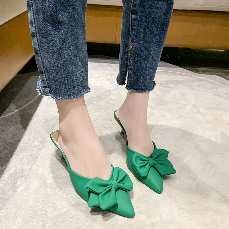 Summer Bow Thin Heel Mules Shoes Women 2024 Street Green Heeled Slippers Women Sandals Korean Sexy Elegant Pointed Toe Chic Shoe
