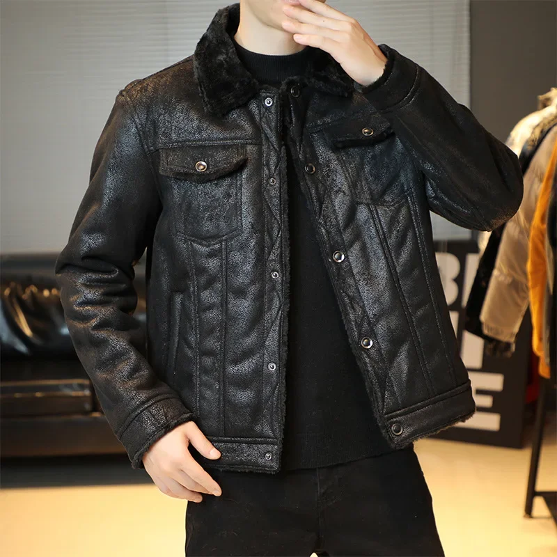 thumbnail image 1 of Chaqueta de cuero grueso de terciopelo de gran tamaño para hombre, nueva chaqueta de cuero PU de moda juvenil, abrigo grueso, talla M-4XL, 1 of 4
