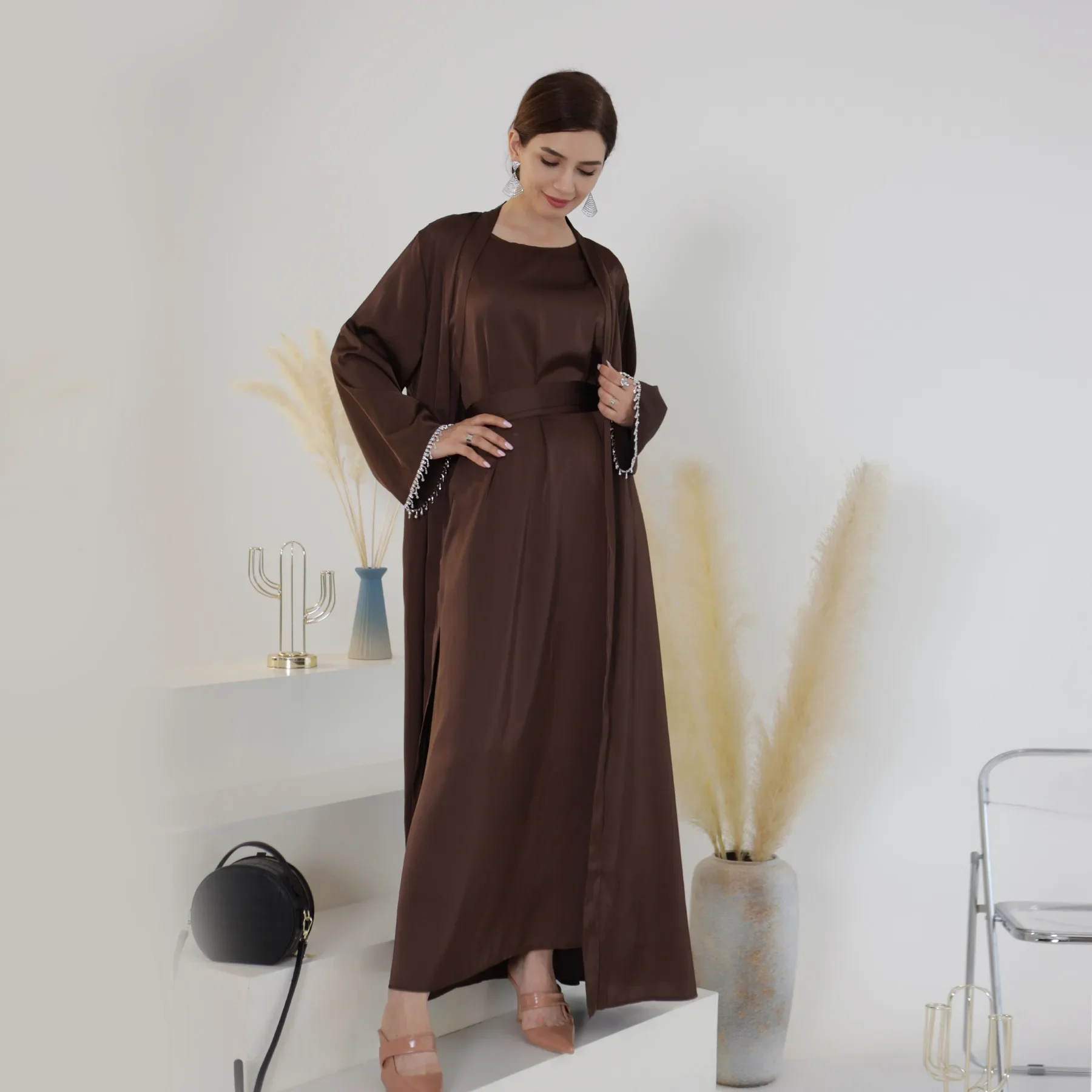 Satin Open Abaya Beads Kimono Muslim Abayas for Women Dubai Luxury Turkey Party Wedding Dress Kaftan Robe Ramadan Islamic Outfit