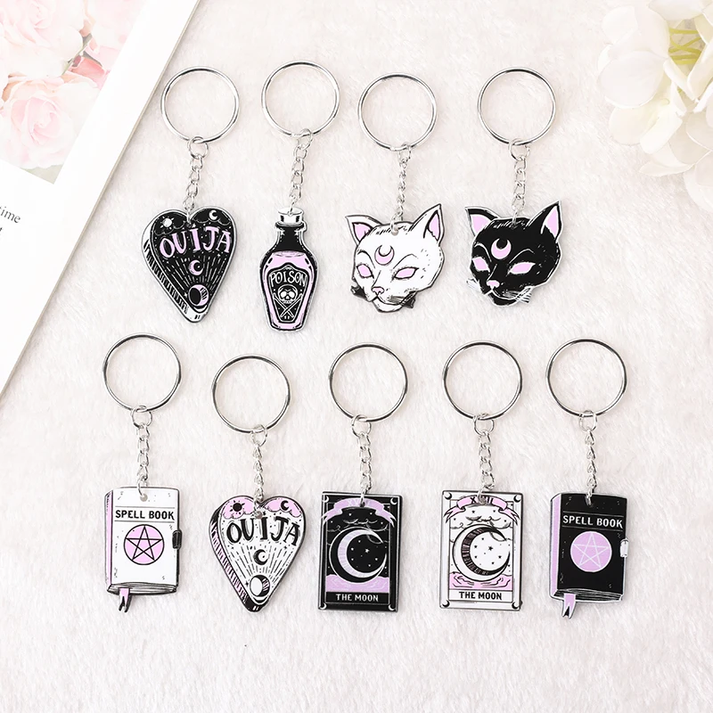 1Pc Hexe Tarot Schlüsselbund Punk Acryl Auto Spiegel Schlüsselring Handtasche Katze Mond Karte Zauber Mädchen Geburtstag Geschenk