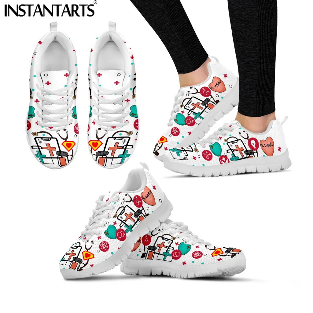 

INSTANTARTS Women Casual Flats Shoes Physician Nursing Staff EMT ECG Print Lace Up Mesh Sneakers Female Footwear chaussure femme