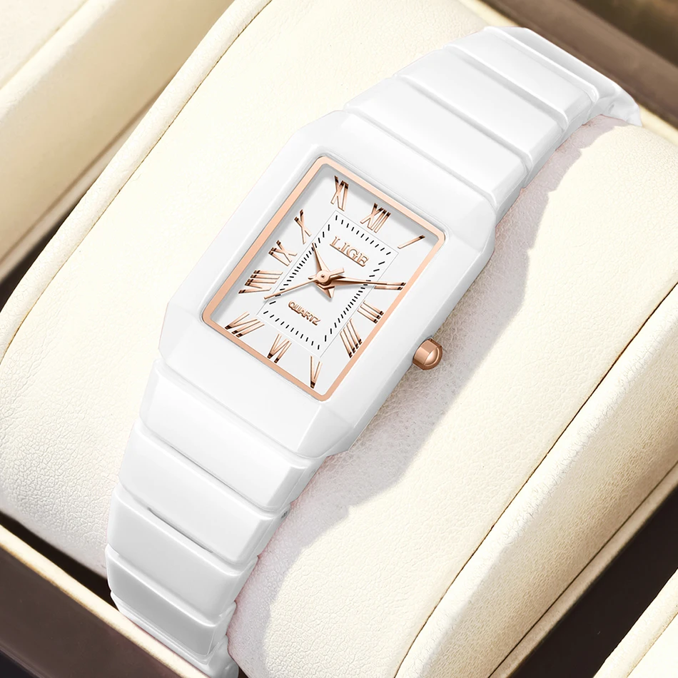 LIGE Creative Square Watch Women Fashion Waterproof Ladies Quartz Watch Casual Sport Ceramic Bracelet Wrist Watches For Women