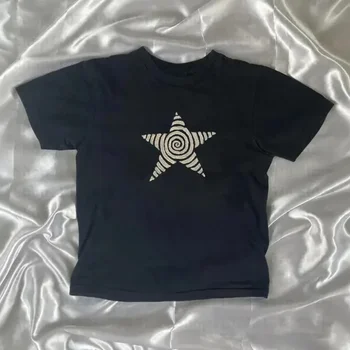Y2k Crop Top Emo Girl Aesthetic Gothic Punk Streetwear Women Casual 90s Retro Grunge Star Pattern Printed Short Sleeved T-shirt 1