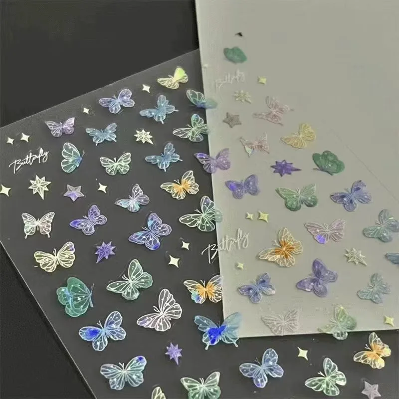 5세트 패션 나비 날개 스트리머 레이저 스티커 고급 엠보싱 네일 아트 스티커 화려한 나비 요정 스티커