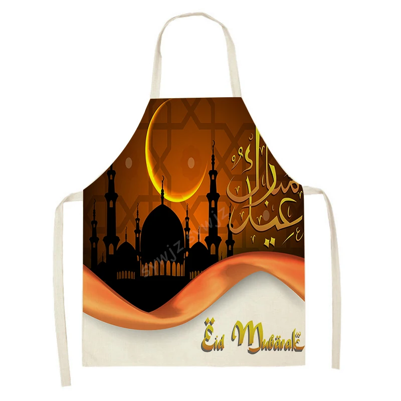 Muslim Eid Mubarak Printed Kitchen Apron Women's Ramadan Home Cooking Baking Star and Crescent Pattern Linen Bib Decoration