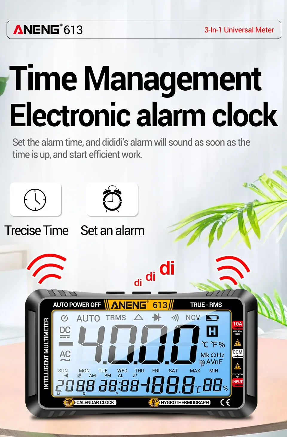 Description Picture 6 of itemANENG 613 Smart Multimeters 4000 Counts 10A Current 600V Voltmeter Test DC/AC Voltage Capacitor Tester Alarm Clock Set Tools