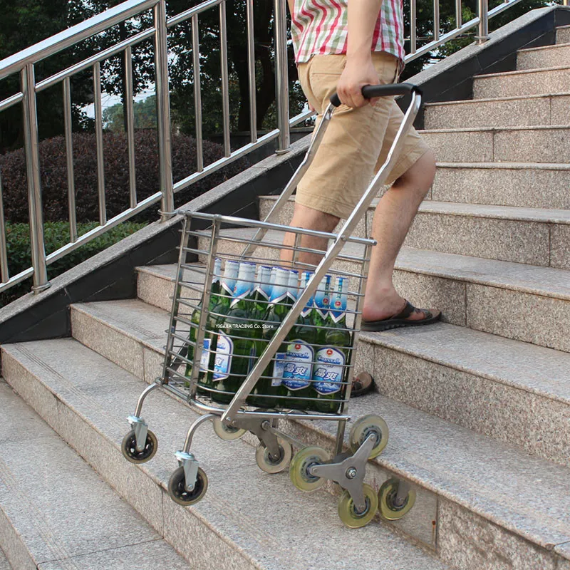 Stainless Steel Stair-Climbing Shopping Cart, Foldable Large Grocery Dolly, Portable Utility Trolley