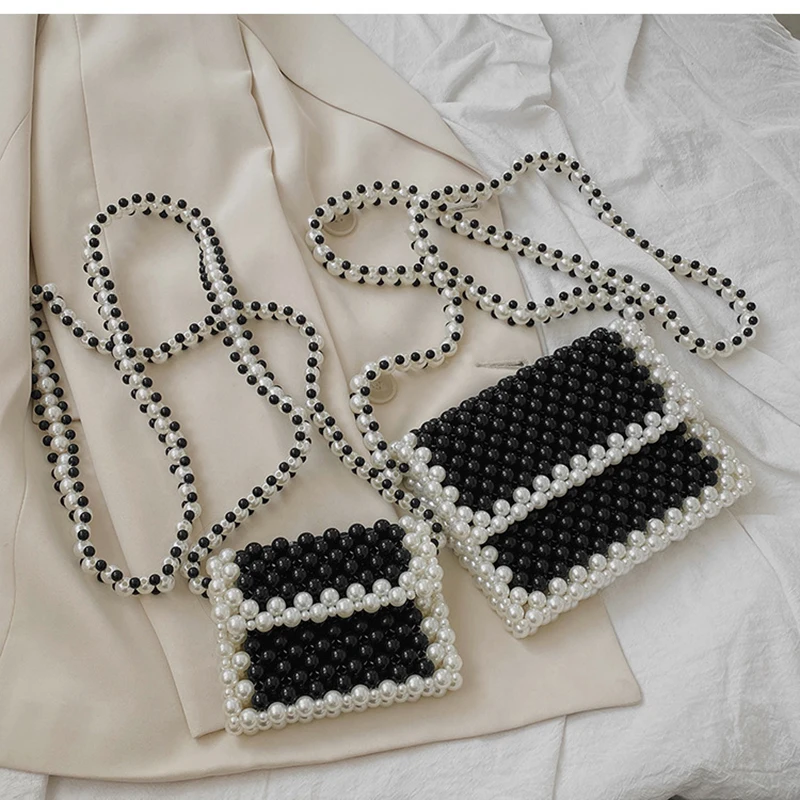 

Ladies Chain Pearl Crossbody Shoulder Bag Cute Handmade Beauty Black and White Matching Transparent Handbag Summer Clear Purses