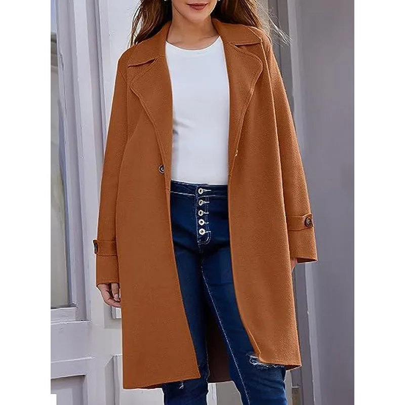 2023 New Autumn and Winter Elegant and Fashionable Solid Polo Neck Warm Temperament Commuter Women's Casual Long Cardigan Coat