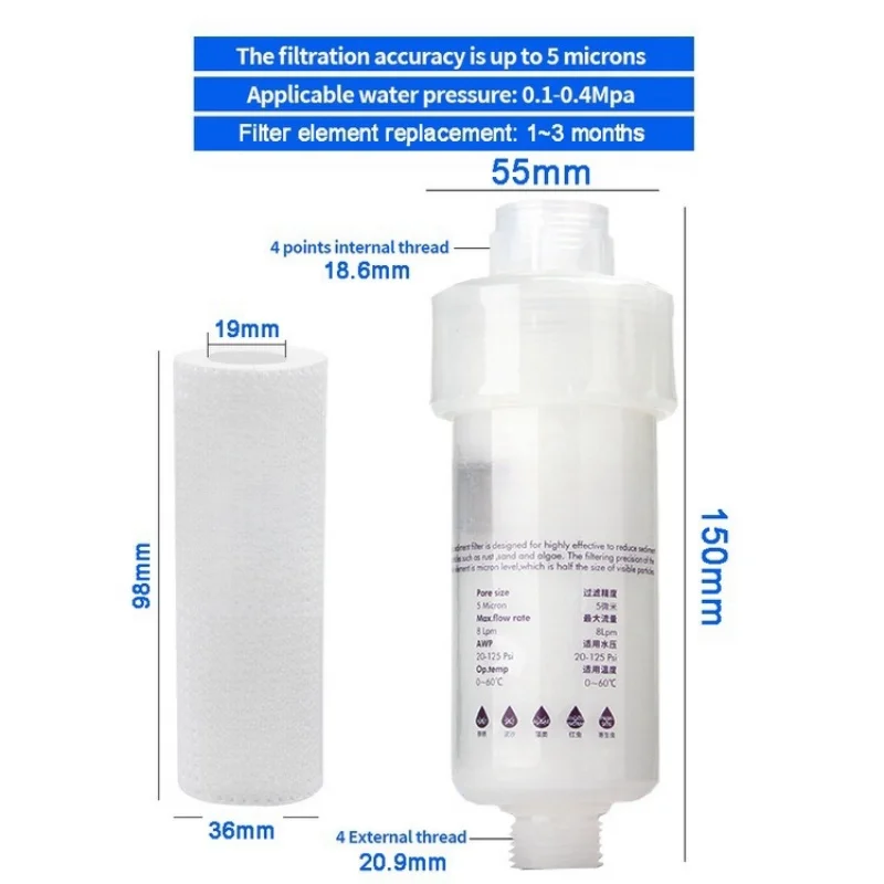 5" PRE Water Filter Cartridge Washing Machine Filter with Adapter Bathroom Water Heater Toilet Household Purifier