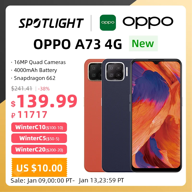  Global Version OPPO A73 Smartphone Snapdragon 662 6.44'' 60Hz FHD+ Screen 16MP Quad Cameras 4000mAh Battery 4G Mobile Phone 