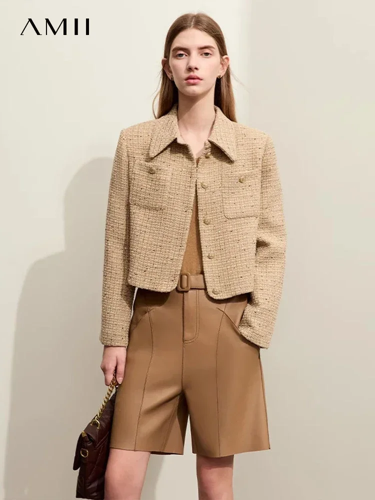 

AMII Tweed Coat For Women Retro 2023 Autumn New Socialite Temperament Fragrant Wind Bead Lapel Box Type Short Tops Lady 12323103