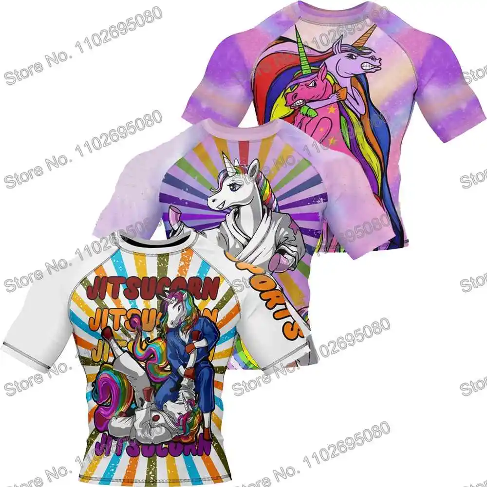 Unicorn Surf Clothing BJJ MMA Men Rash Guard Short Sleeve Diving T-Shirt Tight Swimwear Summer Beach Floatsuit Women GYM Tops
