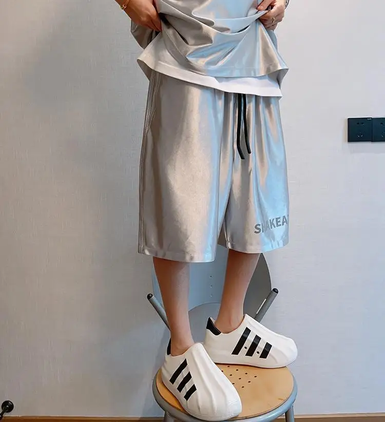 Men Shiny Silver Casual Shorts with Pockets Oversize Elastic Waist American Trendy Sports Pants Glossy Party High Street Bottoms