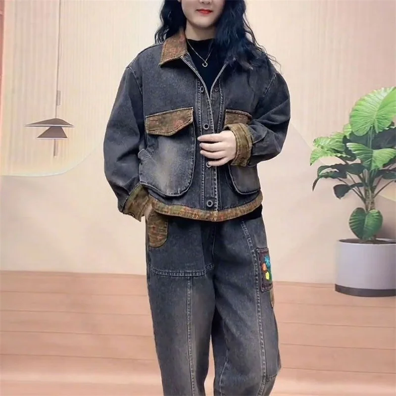 Retro Women Jeans Suits 2025 New Autumn Women's Hooded Stitching Denim Jacket Fashion Suit Female Two-Piece Sets Cotton Vintage