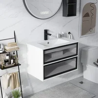30” Floating Bathroom Vanity with Sink Combo, Modern Wall Mounted Cabient with 2 Glass Doors Drawers Storage 1