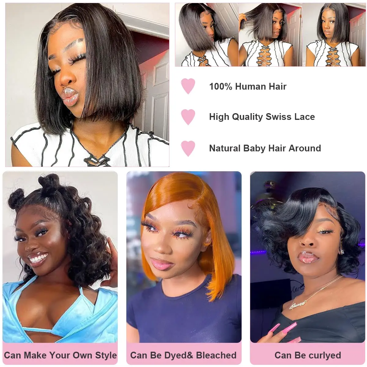 Amazon.com : YILINHEXUAN Short Bob Wigs Lace Front Wigs for Women Human  Hair 13X4 Lace Front Straight Wigs With Baby Hair Pre Plucked and Bleached  Knots 150% Density Natural Hairline 8inch :
