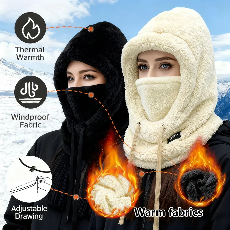 Winter Balaclava Hat Thickened Plush Windproof Warm Cycling Ski Mask Anti-Cold Thermal Adjustable Outdoor Sports Hooded Hat