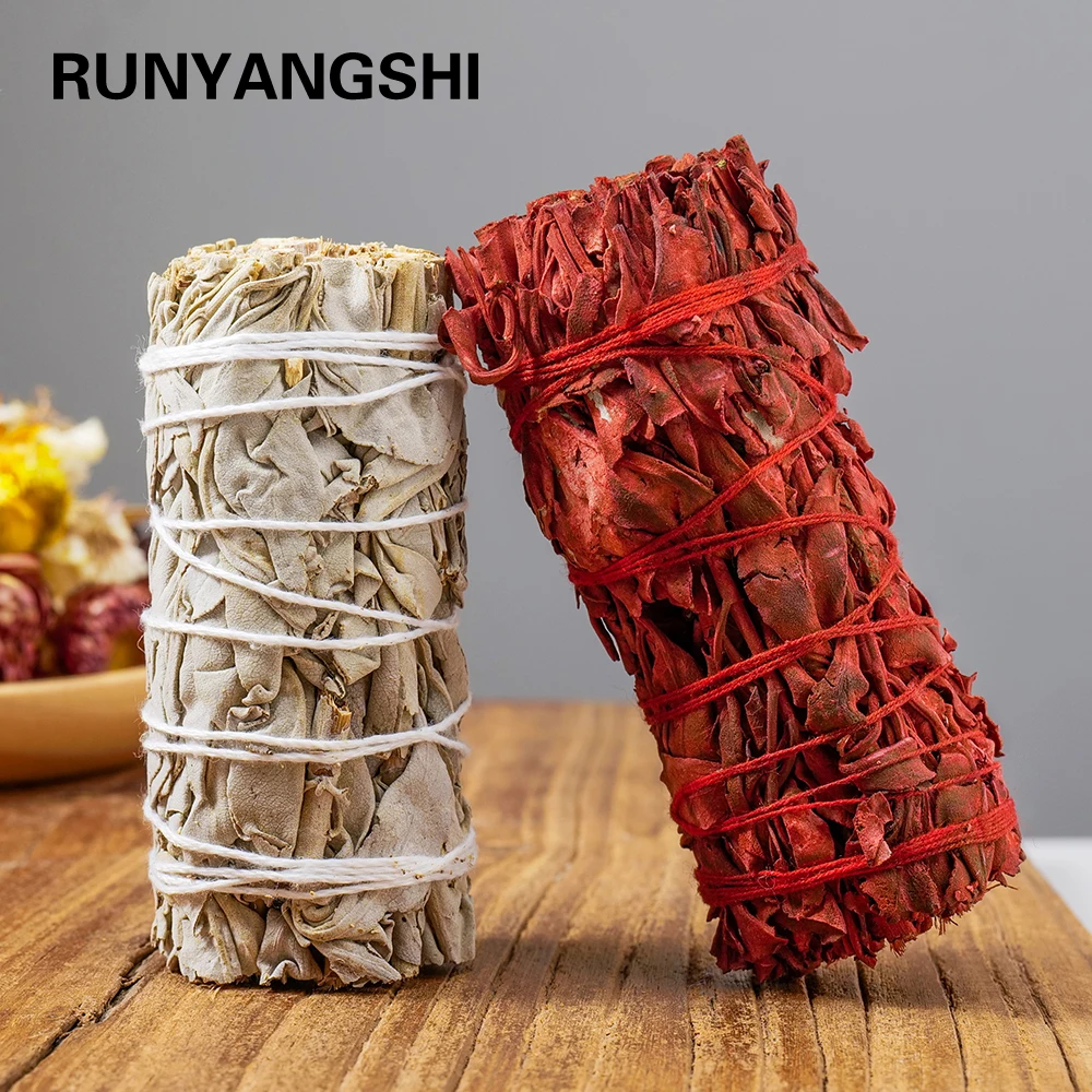 10cm White & Red Sage Bundle Smudge Stick Wand for Spiritual Incense Sticks Burning Aromatherapy Energy Cleansing Bundles