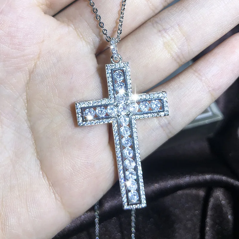 Necklace Men's and Women's Platinum Claw Set Crystal Zircon Cross Pendant Hip Hop Rock Fashion Jewelry