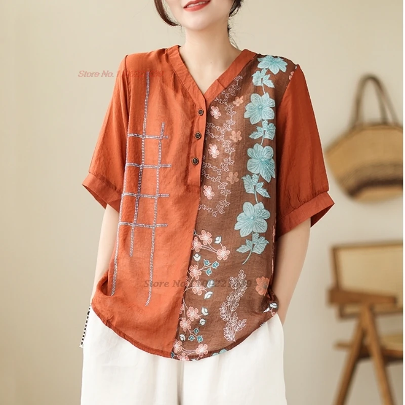 

2024 traditional chinese vintage blouse national flower print patchwork v-neck folk blouse oriental hanfu tops ethnic streetwear