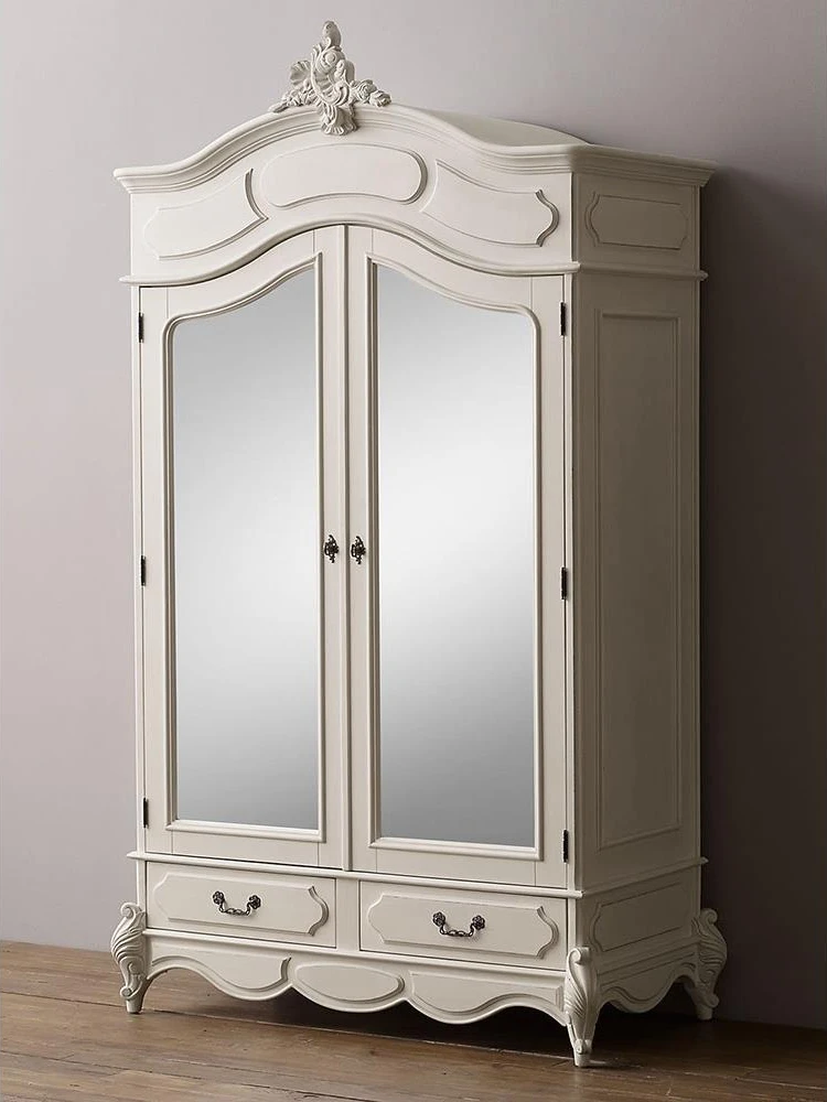 **French Solid Wood Wardrobe Home Bedroom Children's Double Door Drawer Wardrobe American White Girl Room Small Storage