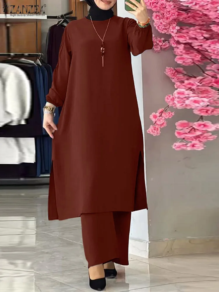 

ZANZEA Summer Dubai Turkey Abaya Hijab Pants Sets Vintage 2PCS Women Muslim Matching Sets Casual Loose Islamic Clothing Ramadan