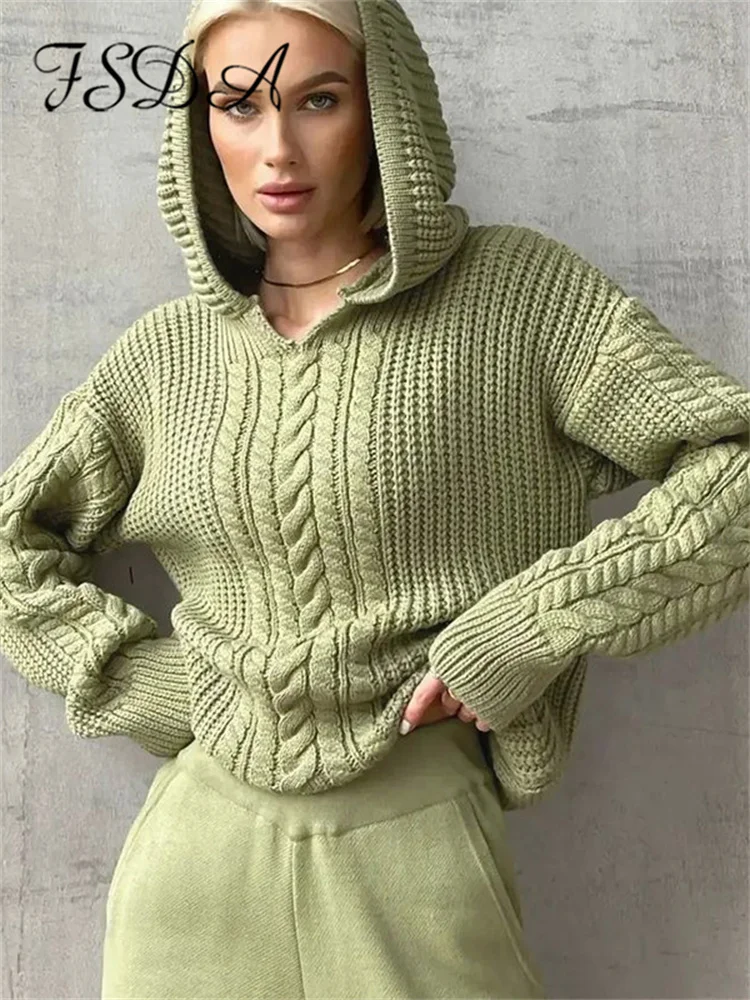 

Knitted Hooded Long Sleeve Loose Sweater Women Autumn Winter Pullover Casual Oversized Tops Streetwear