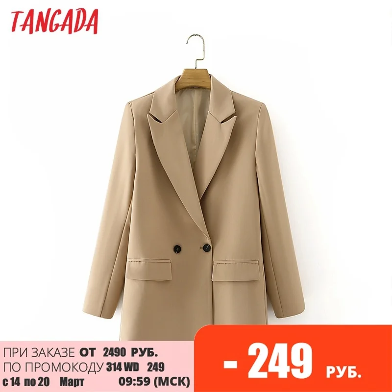 

Tangada Women Khaki Blazer Coat Vintage Notched Collar Pocket 2023 Fashion Female Casual Chic Tops DA02