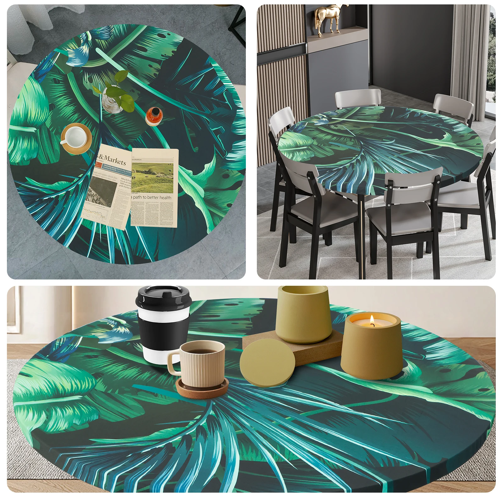 Elastic Round Tablecloth Polyester Waterproof Tablecloth Cover with Pattern Decorative Desktop Protective Cover for Dining Table