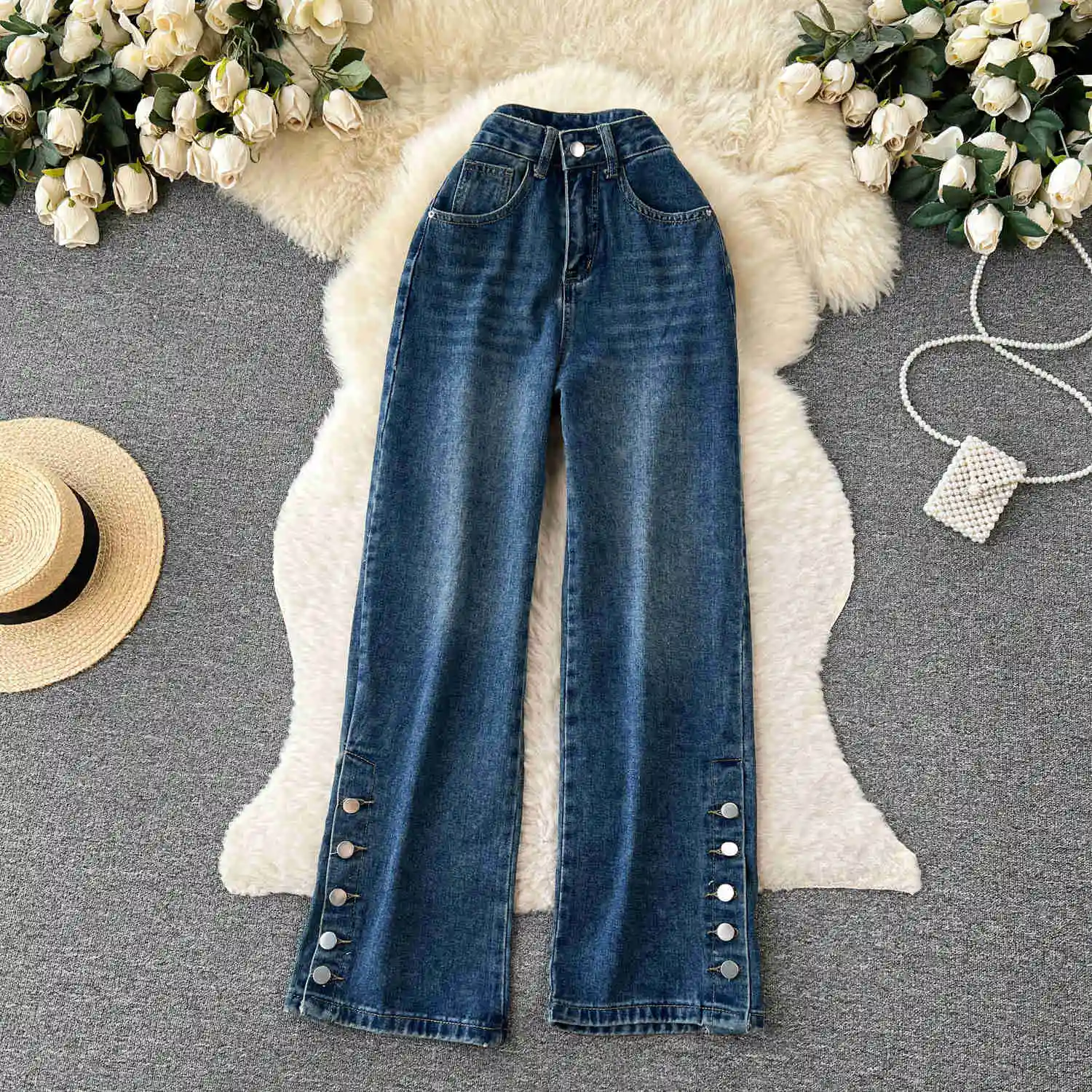 

Женские джинсовые брюки в стиле ретро, новые модные летние прямые брюки полной длины с высокой талией и пуговицами, повседневные джинсы с разрезом, 2023