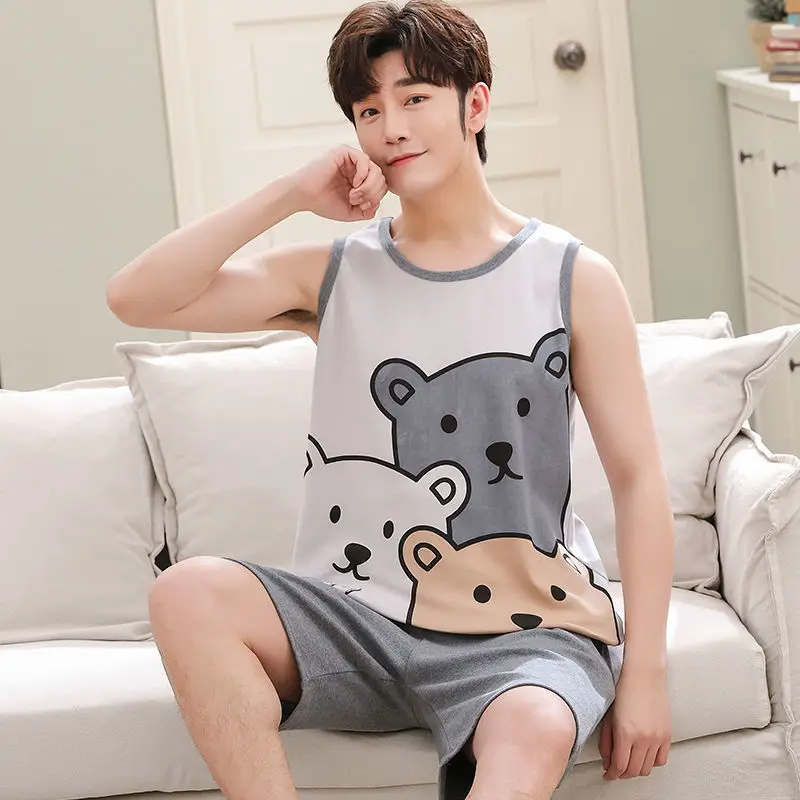 silk pajama pants Mens Pajamas Summer Sleeveless Vest 2 Pack Nightwear For Young Boy INS Cartoon Hombre Pijama Mujer Anime Homewear red silk pajamas